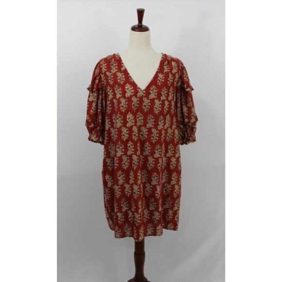 ANNA CATE Sz L Large Rust Rose Floral Cotton Block Print Dress - Picture 9 of 10